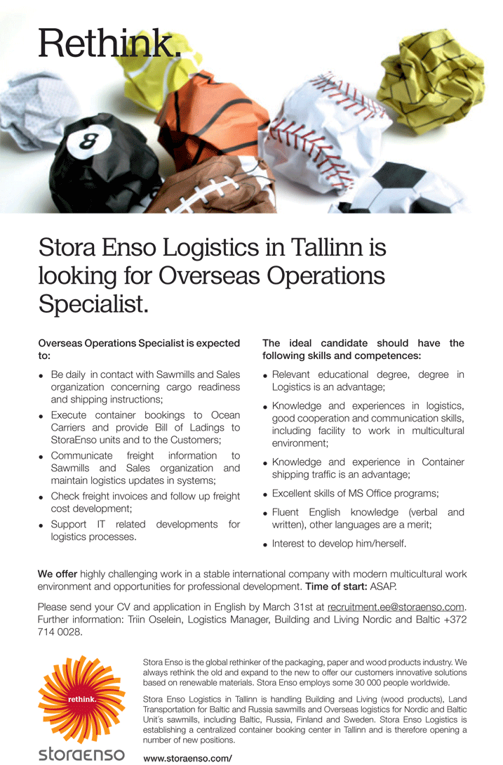 Stora Enso Eesti AS Overseas Operations Specialist 