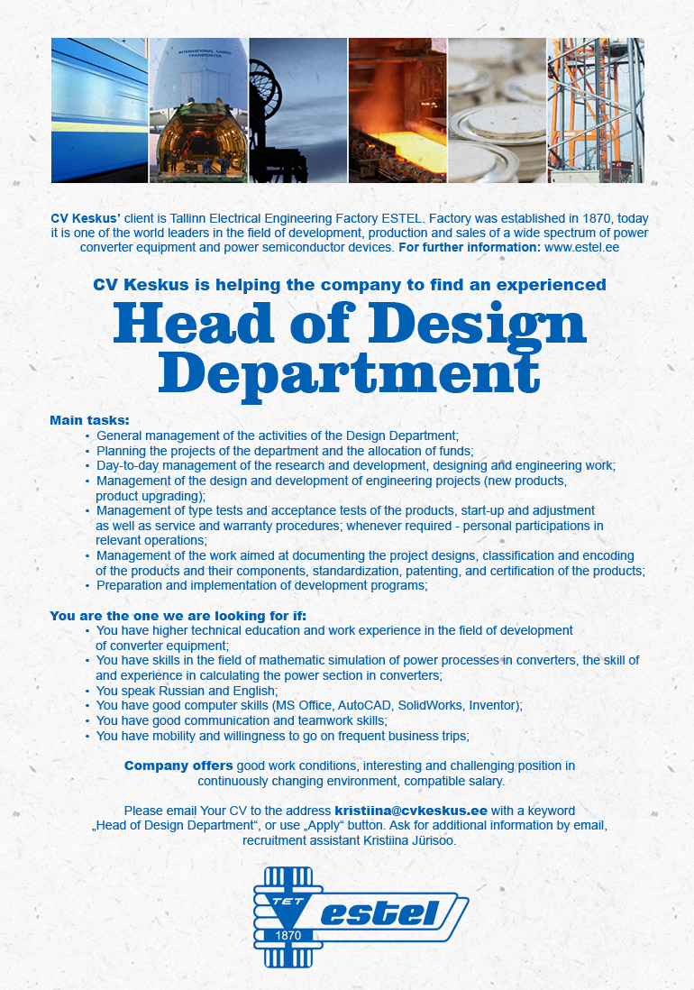 CV KESKUS OÜ Estel is looking for Head of Design Department