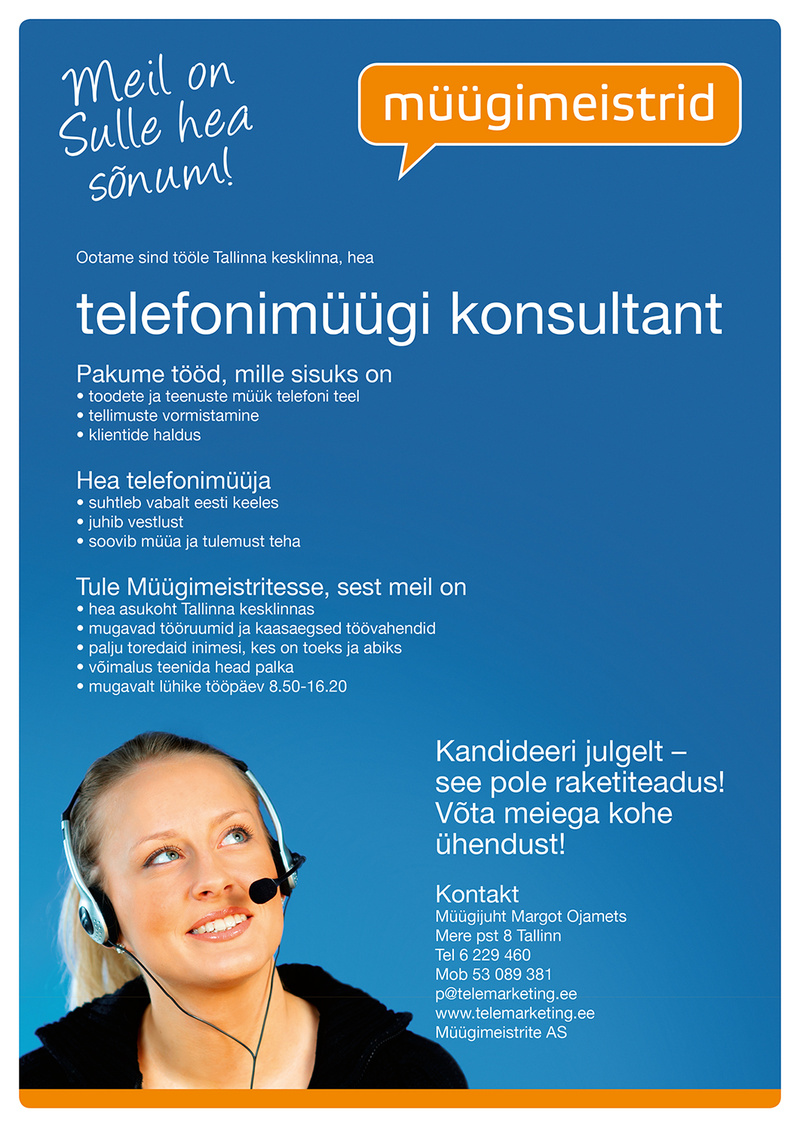 Müügimeistrite AS Telefonimüügi konsultant Tallinna Kesklinnas