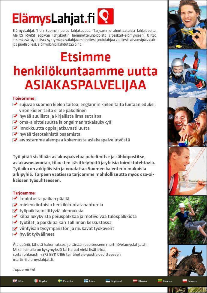 Elämyslahjat.fi Suomenkielinen asiakaspalvelija