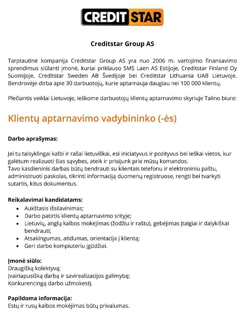 Creditstar Group AS Kliendihaldur (leedu keele oskusega)