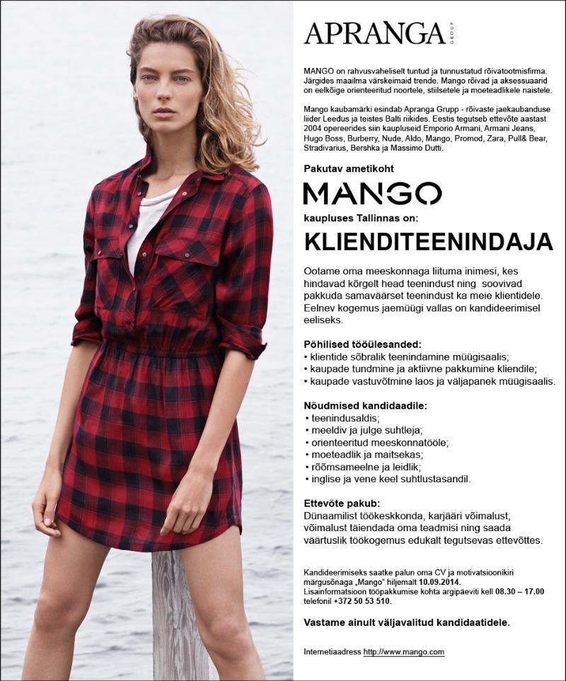 Apranga Estonia OÜ MANGO kaupluse klienditeenindaja