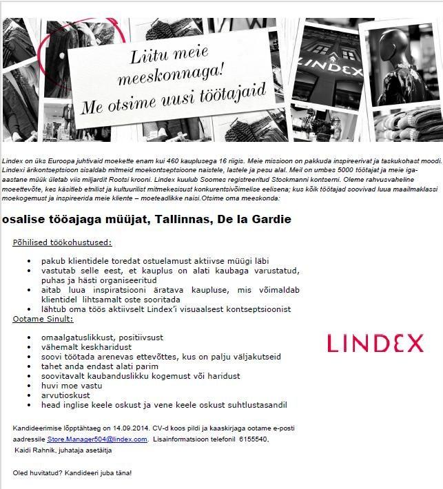 Lindex Eesti OÜ Lindex kaupluse müüja (Tallinn, De la Gardie)