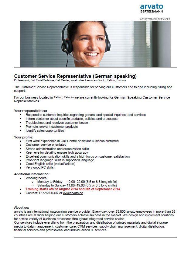 Arvato Services Estonia OÜ German Speaking Customer Service Representative