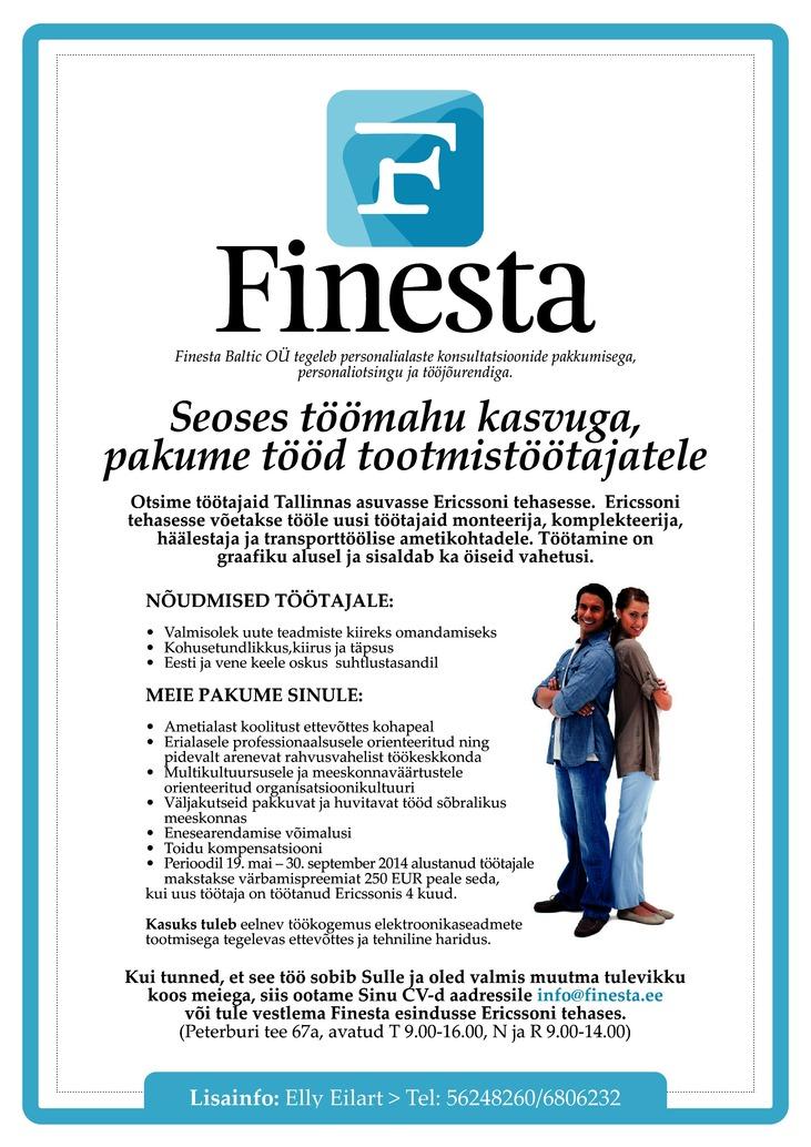 Finesta Baltic OÜ Tootmistööline Ericssoni (VÄRBAMISPREEMIA)