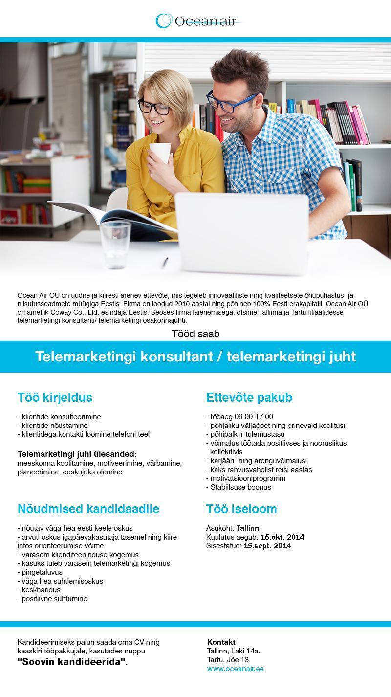 OCEAN AIR OÜ Telemarketingi konsultant/ telemarketingi juht