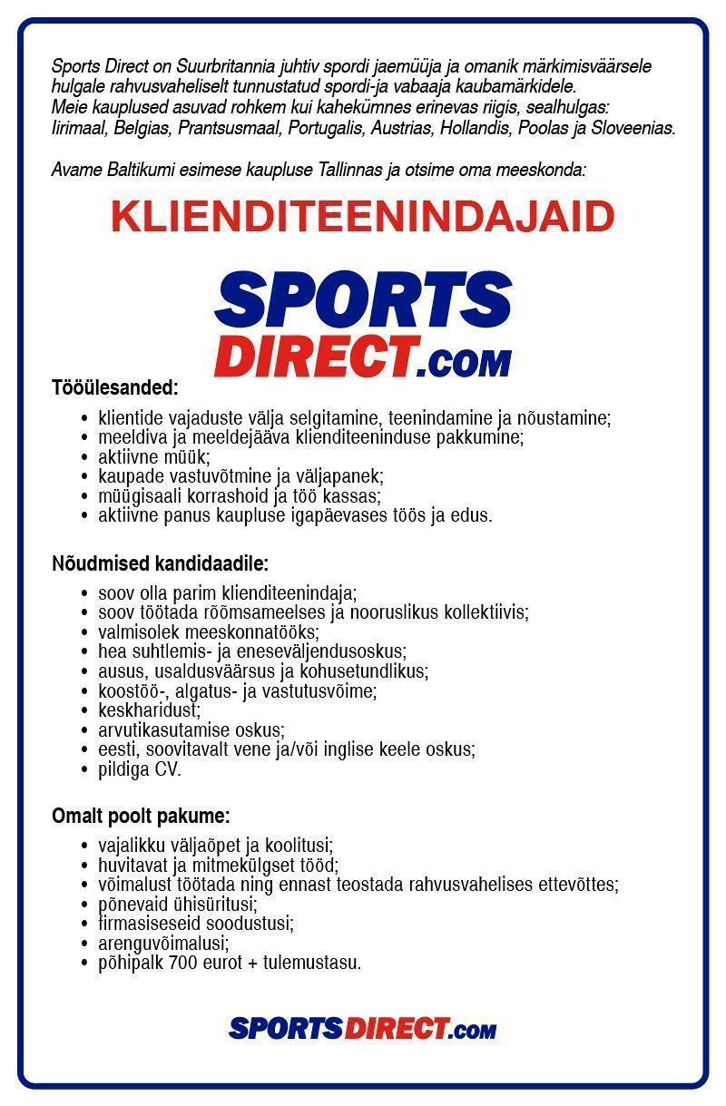 Sportland Eesti AS Sports Direct Ülemiste klienditeenindaja 