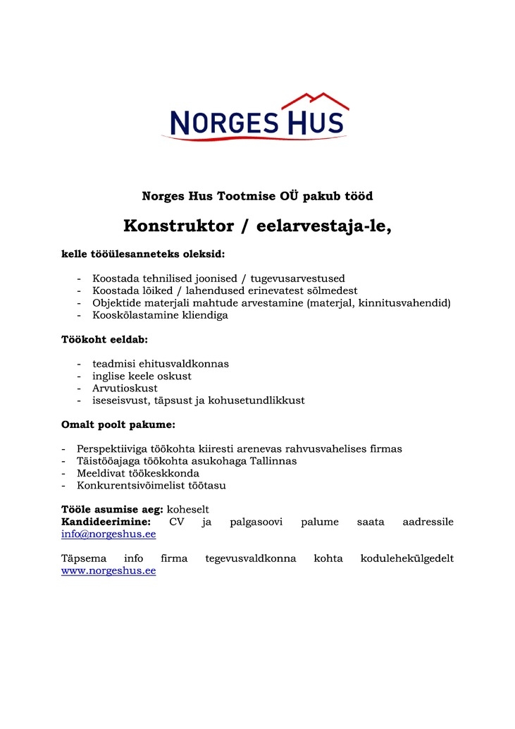 Norges Hus Tootmise OÜ Konstruktor / Eelarvestaja