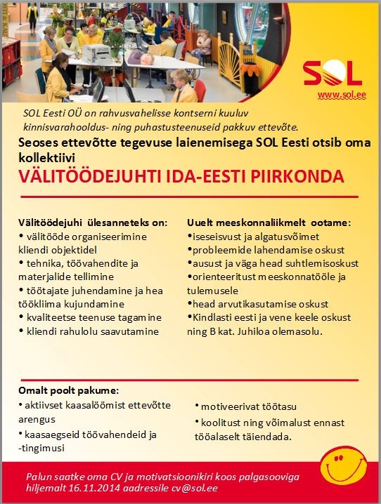SOL Eesti OÜ Välitöödejuht (Ida-Eesti Piirkonda)