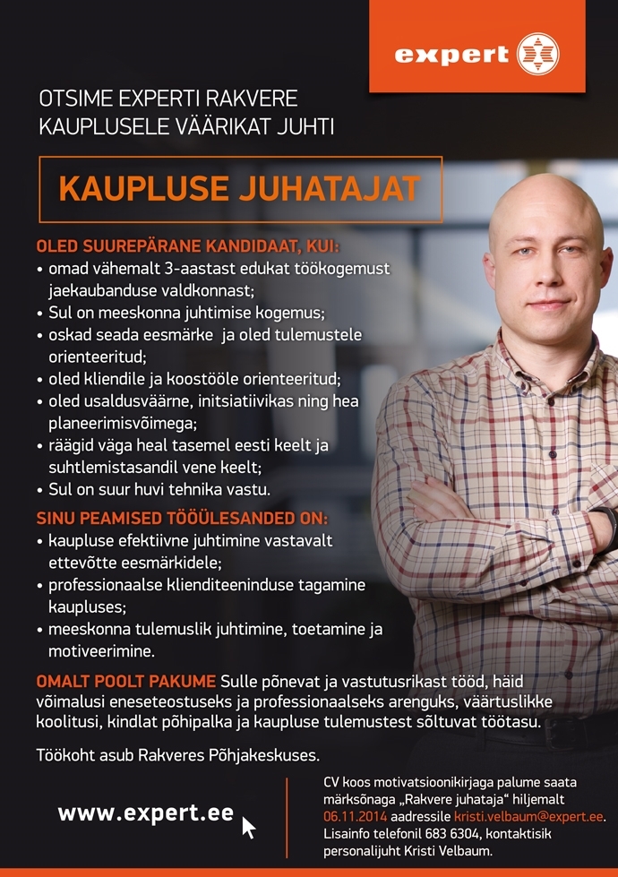 Expert Eesti OÜ Kaupluse juhataja Rakveres Põhjakeskuses