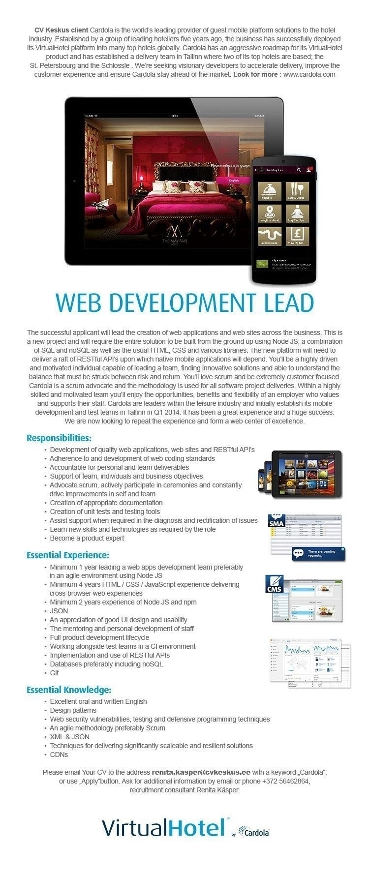 CV KESKUS OÜ Cardola is looking for Web Development Lead