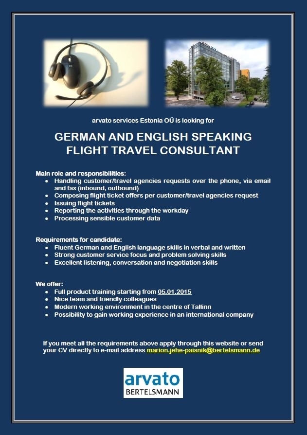 Arvato Services Estonia OÜ German and English Speaking Flight Travel Consultant