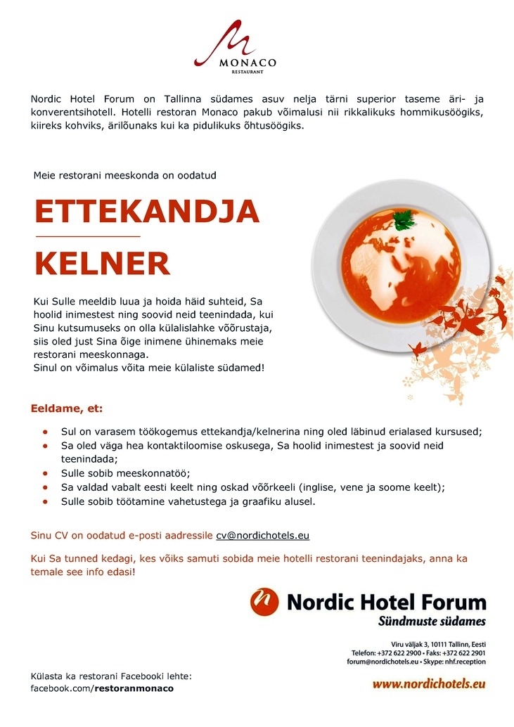 Nordic Hotels OÜ KELNER / ETTEKANDJA