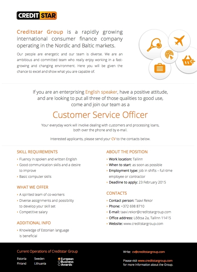 Creditstar Group AS Customer Service Officer (English speaking)