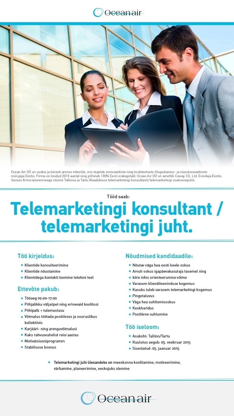 OCEAN AIR OÜ Telemarketingi konsultant/telemarketingi juht
