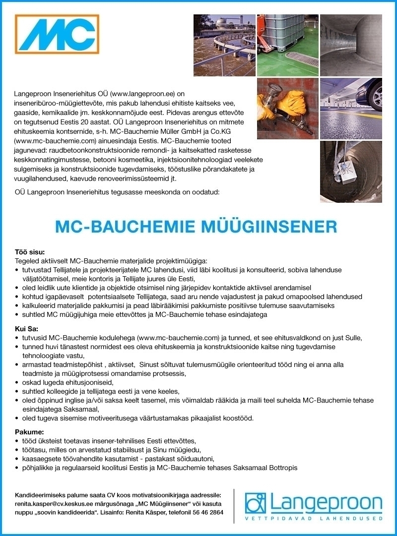 CV KESKUS OÜ Langeproon OÜ otsib MC-Bauchemie müügiinseneri