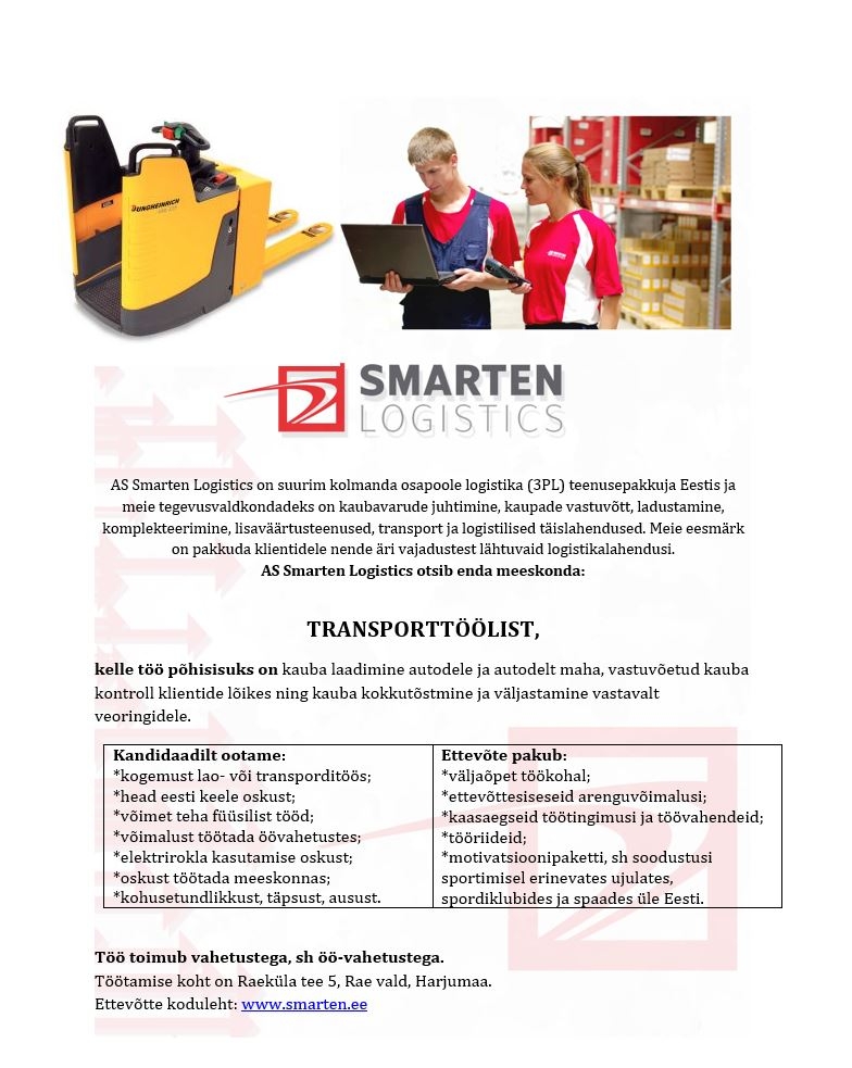 Smarten Logistics AS Transporttööline