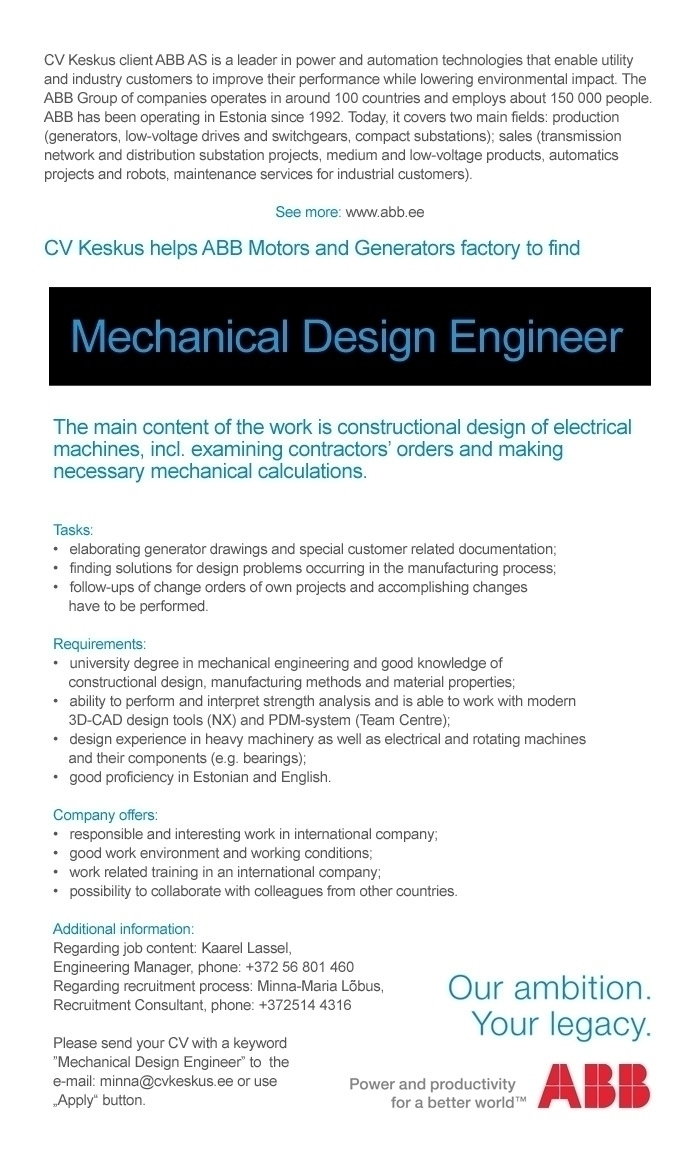 CV KESKUS OÜ ABB AS is looking for Mechanical Design Engineer
