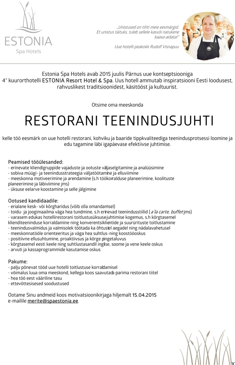 Estonia Spa Hotels AS Restorani teenindusjuht
