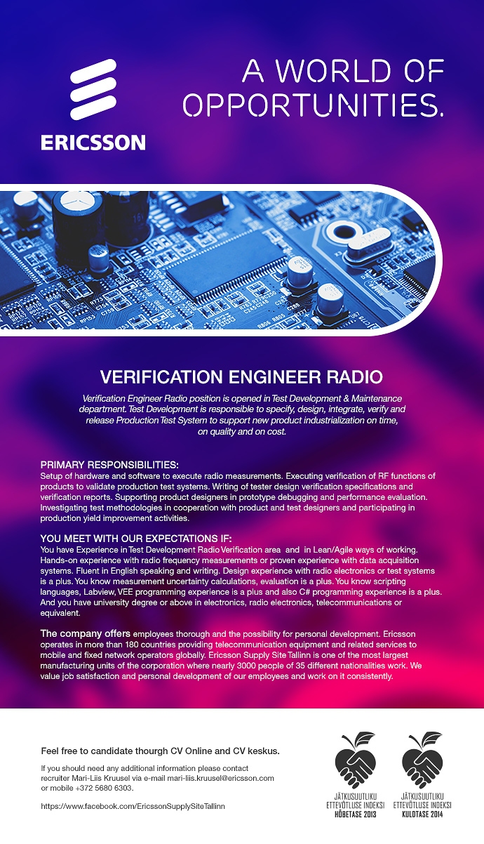 Ericsson Eesti AS VERIFICATION ENGINEER RADIO