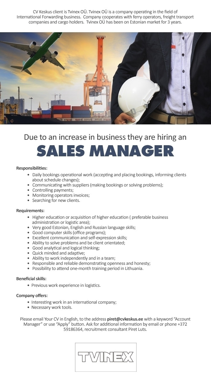 CV KESKUS OÜ Tvinex OÜ is looking for Sales Manager