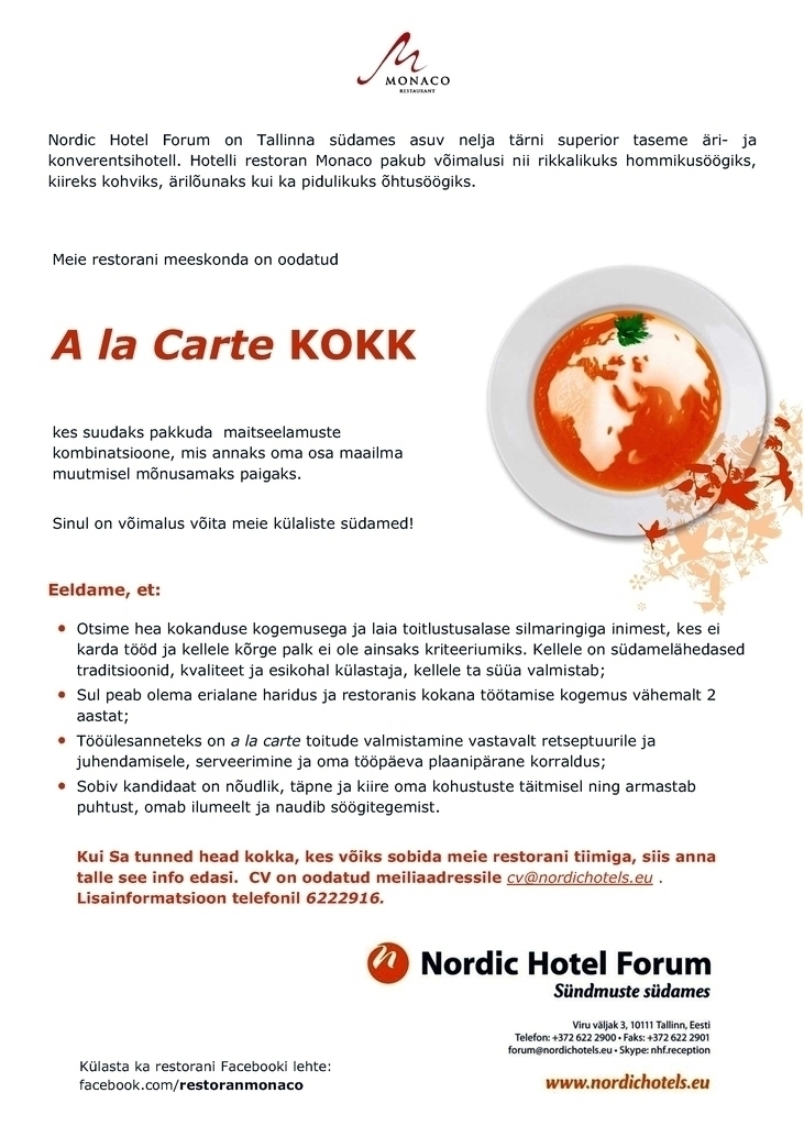 Nordic Hotels OÜ A la Carte kokk