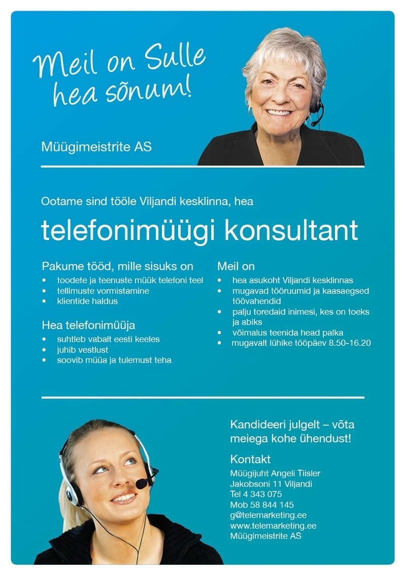 Müügimeistrite AS Telefonimüügi konsultant Viljandis