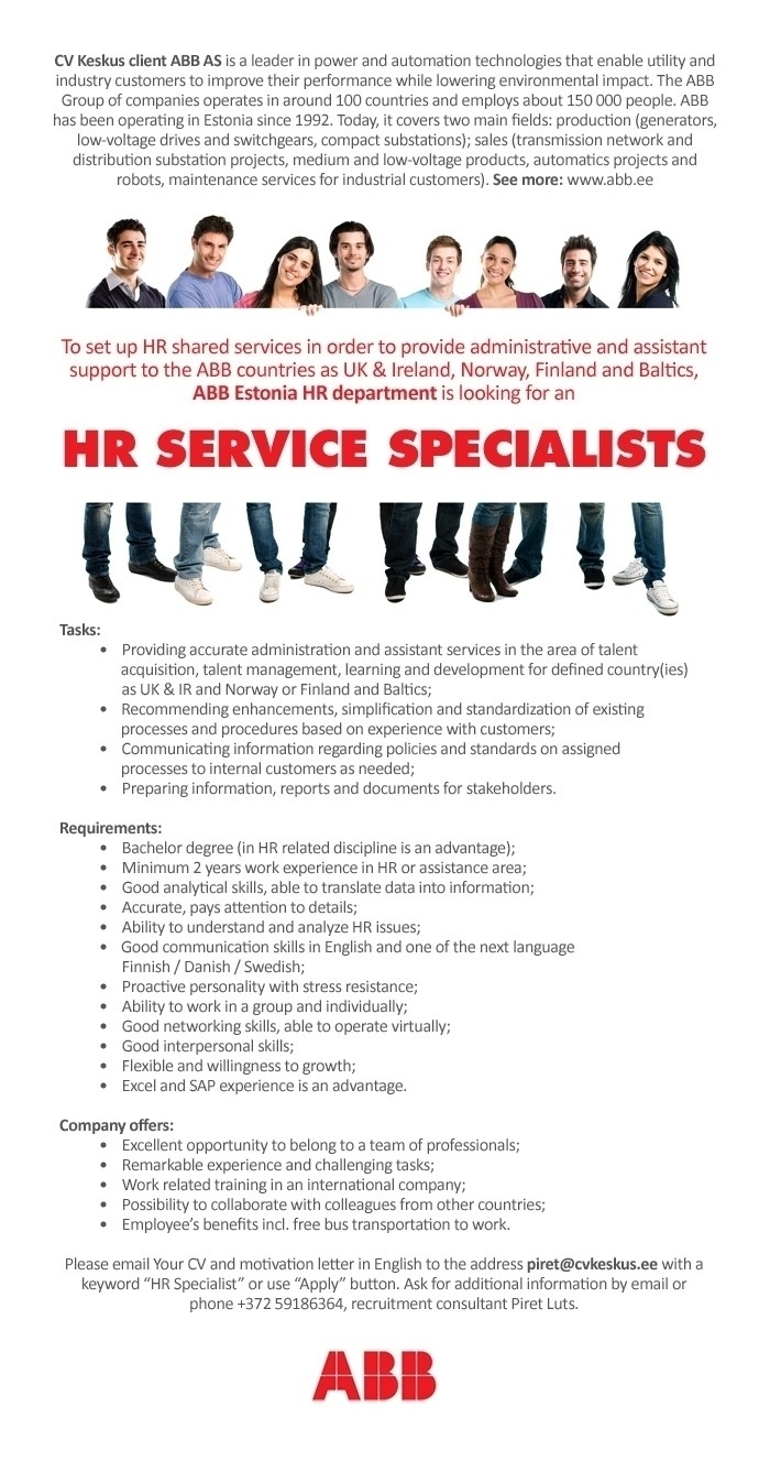 CV KESKUS OÜ ABB AS is looking for HR Service Specialists