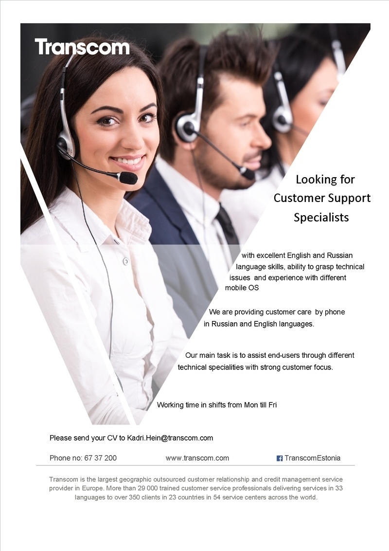 Transcom Eesti OÜ English and Russian speaking customer support specialist