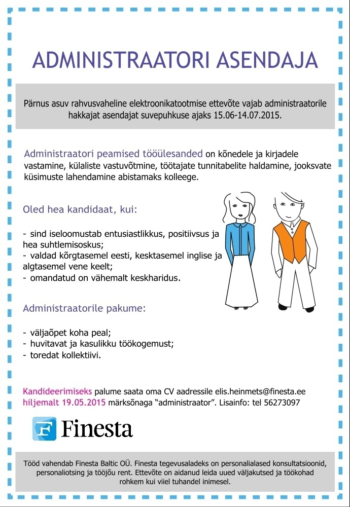 Finesta Baltic OÜ Administraator (suvepuhkuse asendaja)