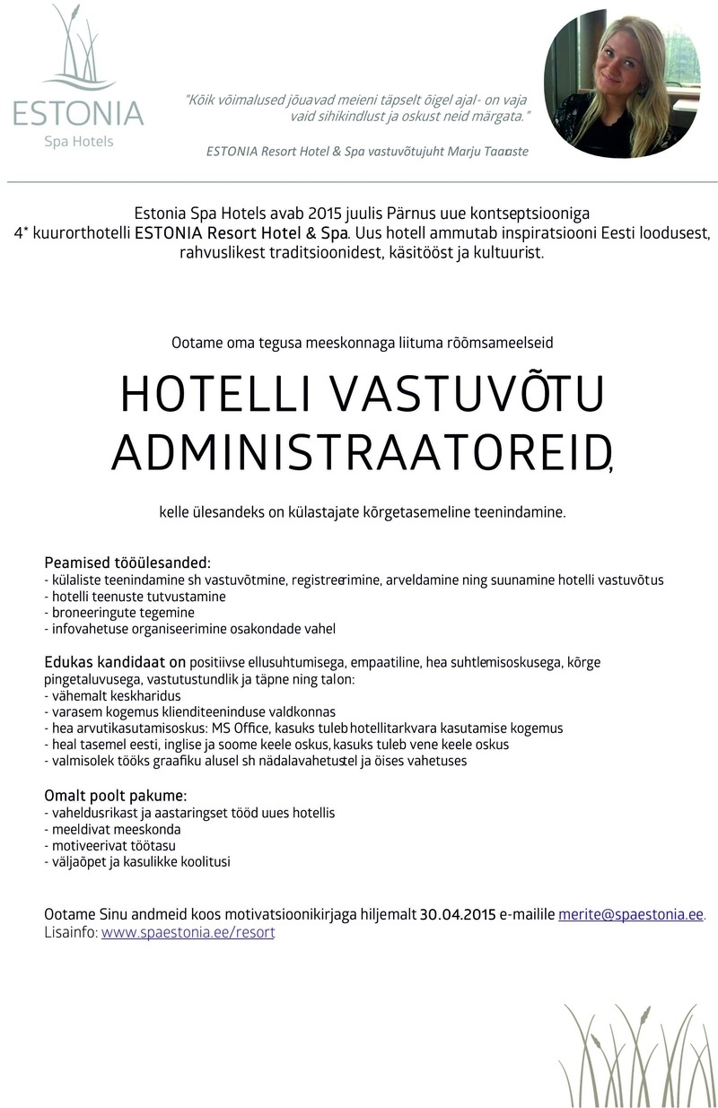 Estonia Spa Hotels AS Hotelli vastuvõtu administraator