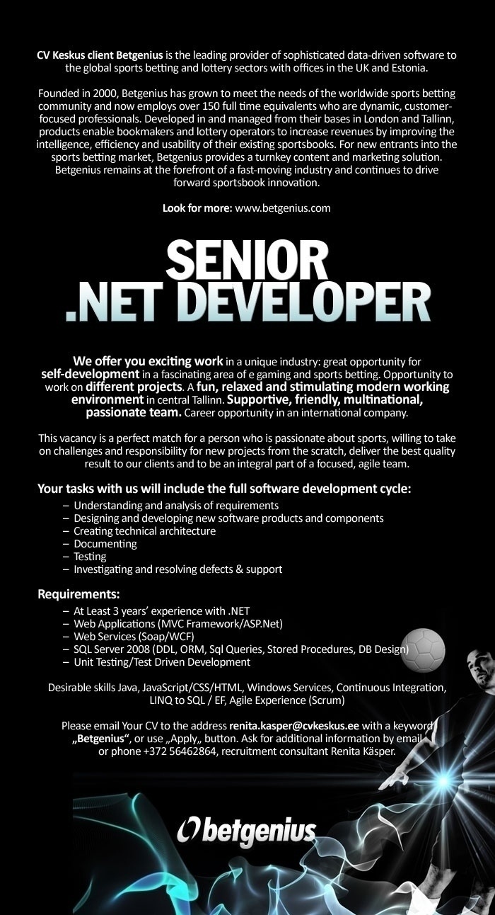 CV KESKUS OÜ Betgenius is looking for Senior .NET Developer