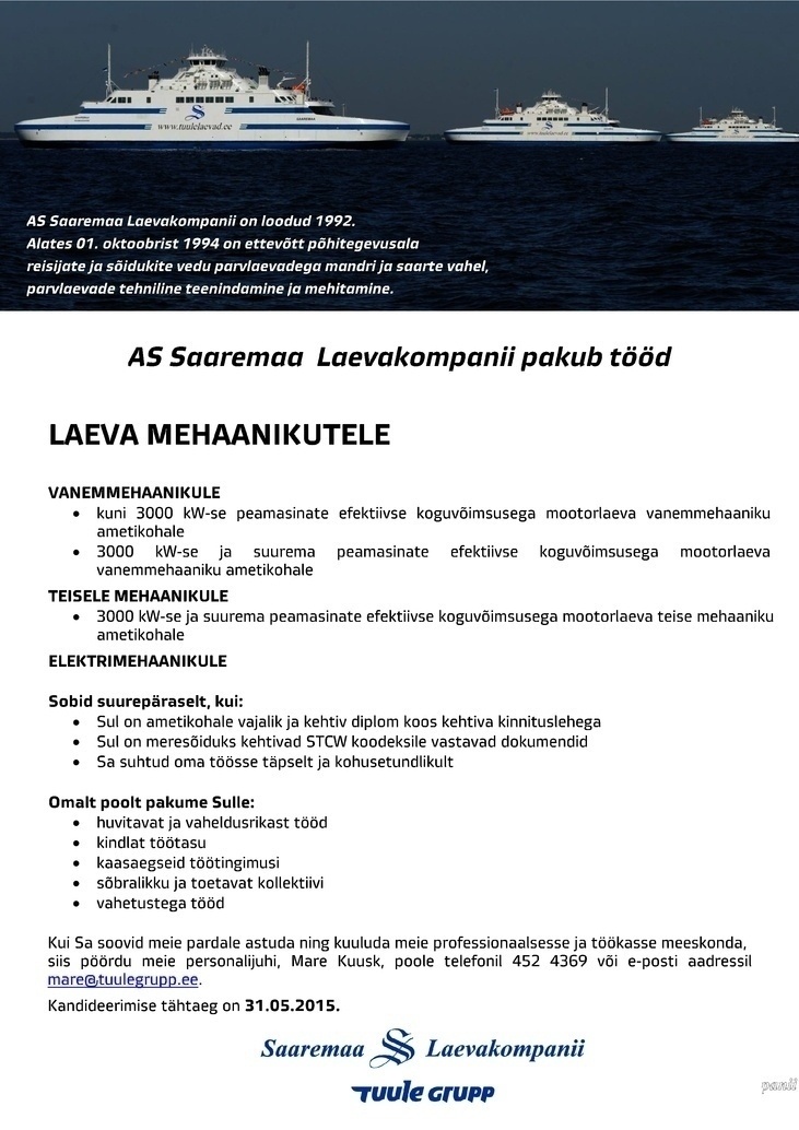 AS Saaremaa Laevakompanii Laeva mehaanik