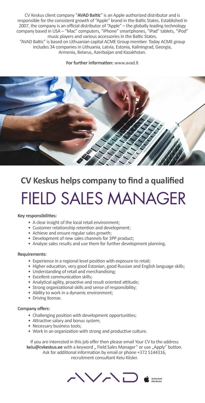 CV KESKUS OÜ AVAD Baltic is looking for Field Sales Manager