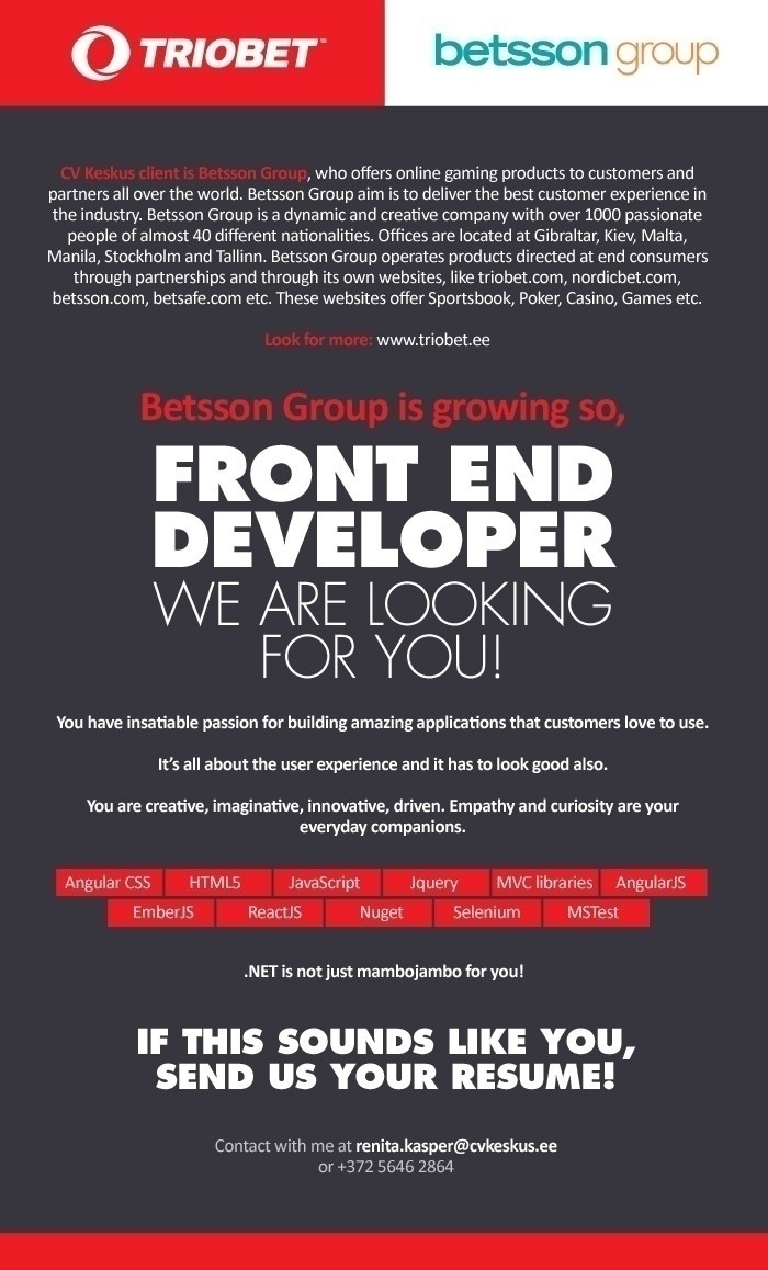 CV KESKUS OÜ Betsson Group is looking for Front End Developer!