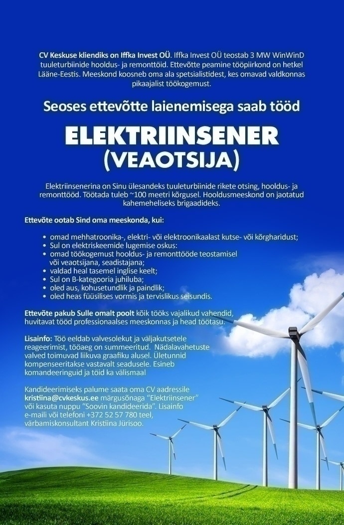 CV KESKUS OÜ Tuuleturbiinide elektriinsener (veaotsija)