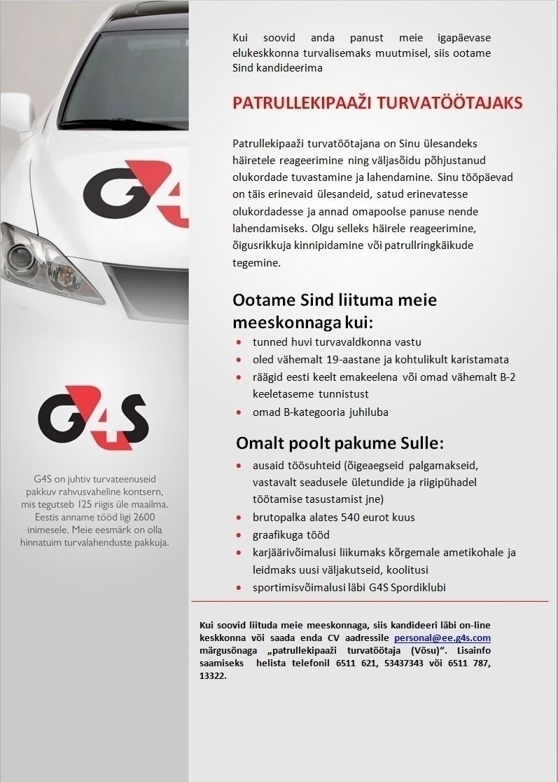 AS G4S Eesti Patrullekipaaži turvatöötaja (Võsu)