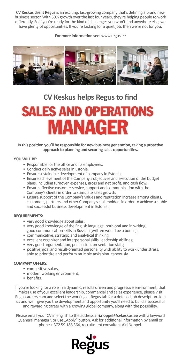 CV KESKUS OÜ Regus is looking for sales and operations manager