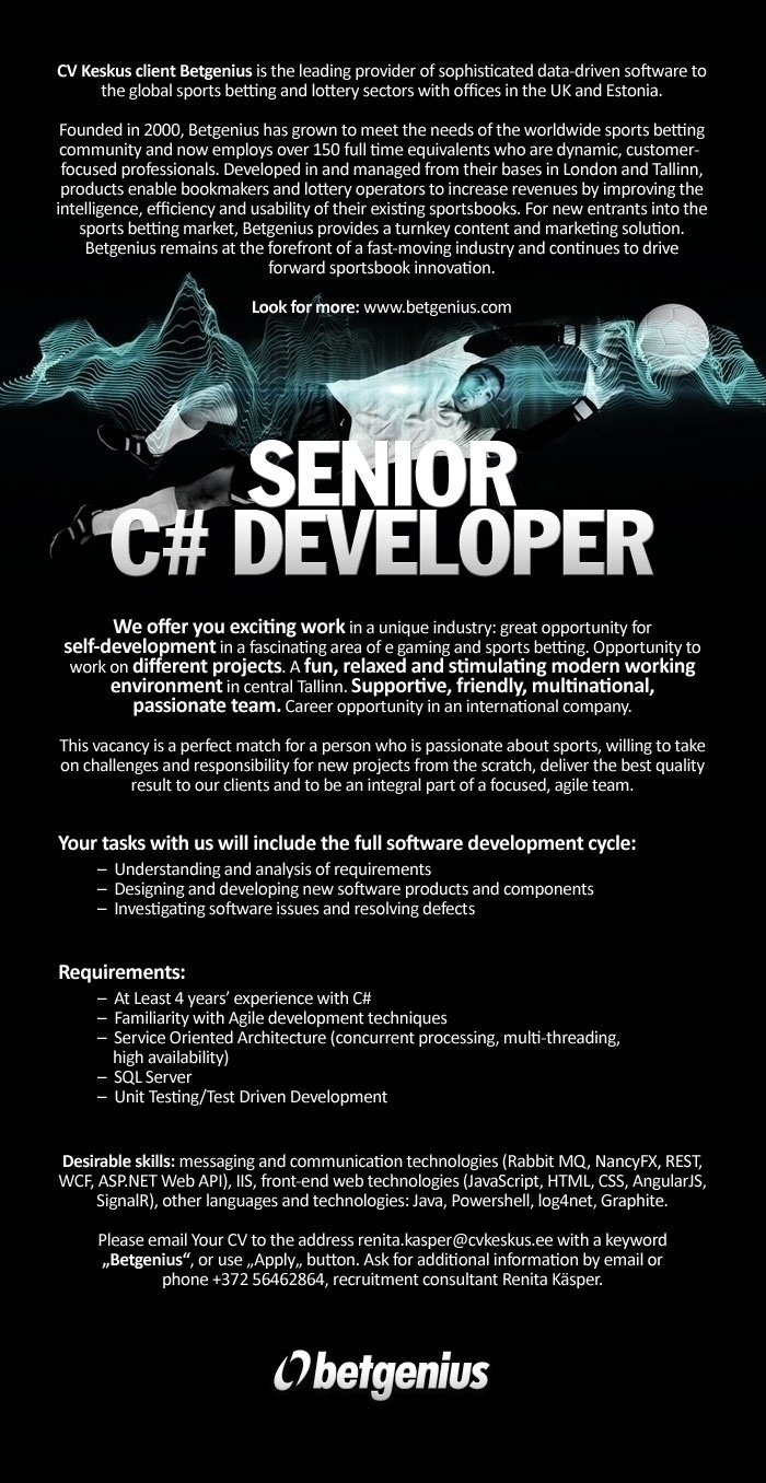 CV KESKUS OÜ Betgenius is looking for Senior C# Developer