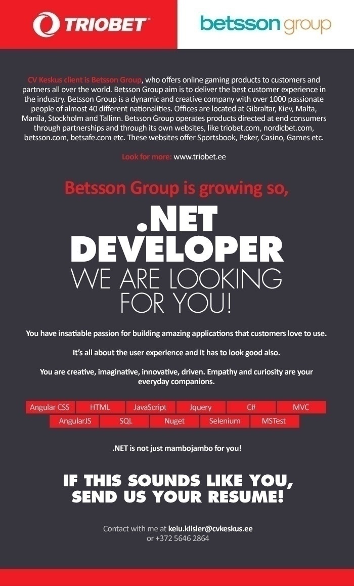 CV KESKUS OÜ Betsson Group is looking for .NET Web Developer!