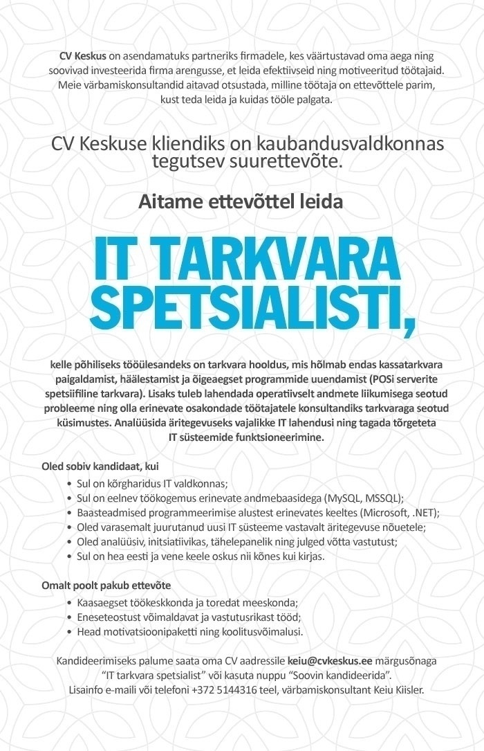 CV KESKUS OÜ IT tarkvara spetsialist
