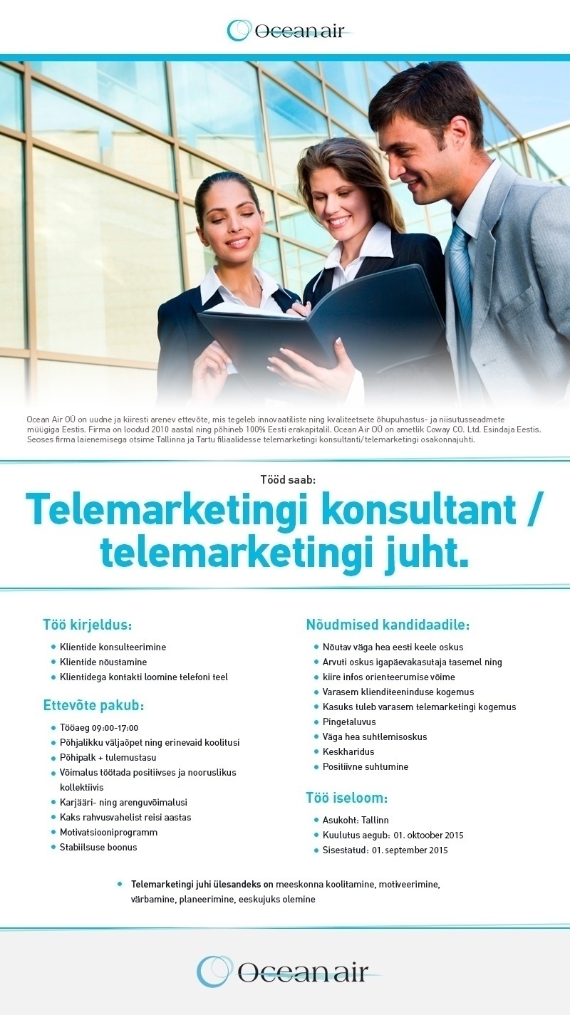 OCEAN AIR OÜ Telemarketingi konsultant/ telemarketingi juht