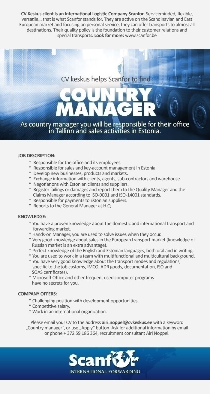 CV KESKUS OÜ Scanfor is looking for country manager