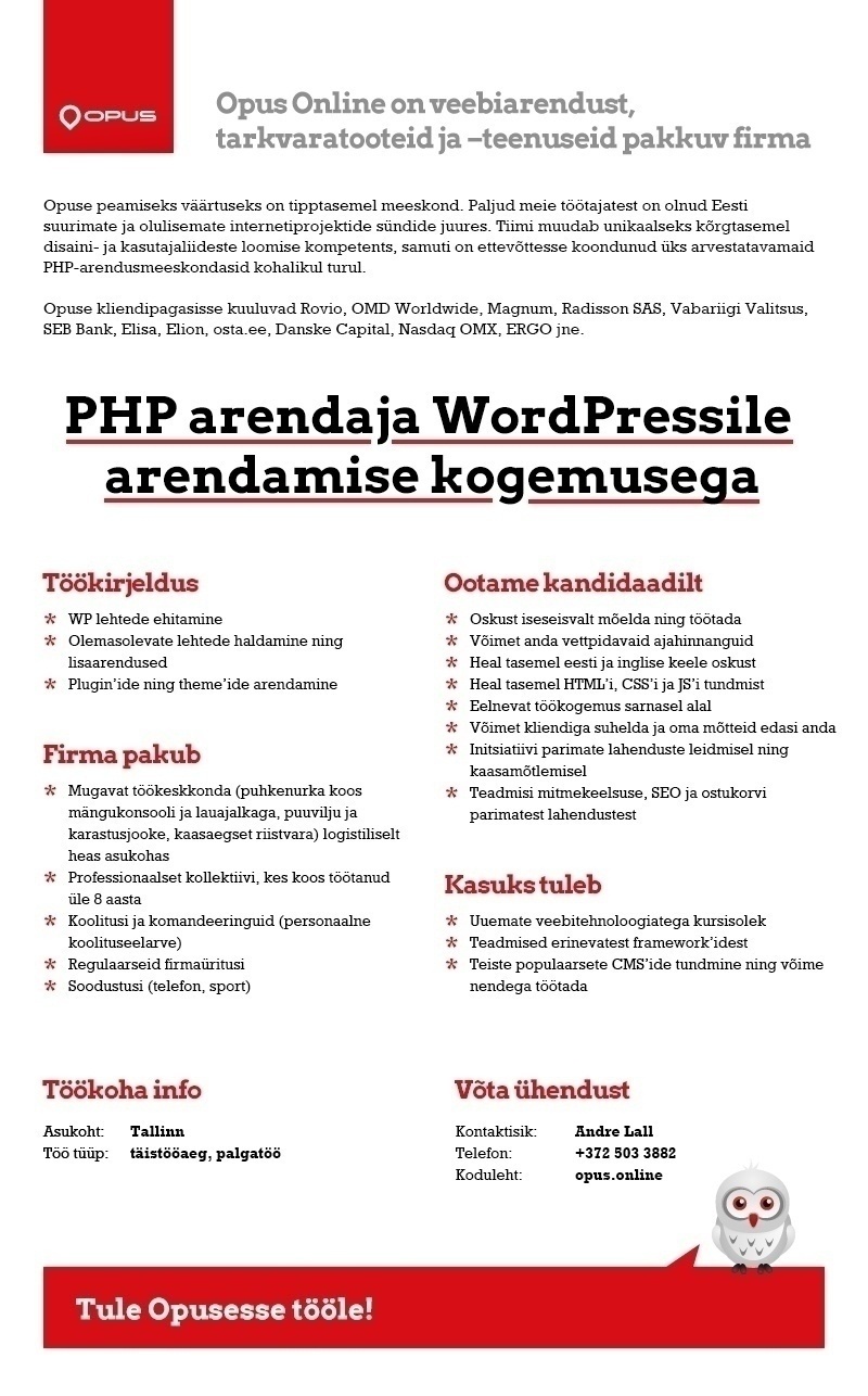 Opus Online OÜ PHP arendaja WordPressile arendamise kogemusega