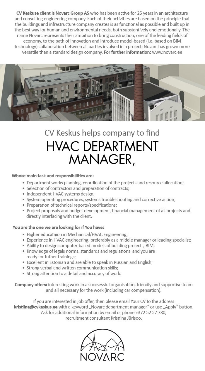CV KESKUS OÜ Novarc is looking for HVAC department manager