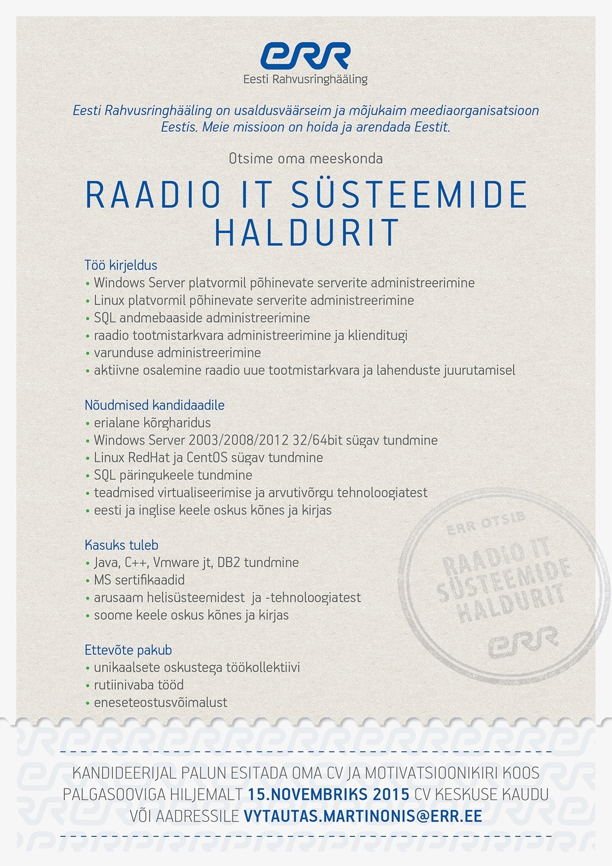 Eesti Rahvusringhääling Raadio IT süsteemide haldur