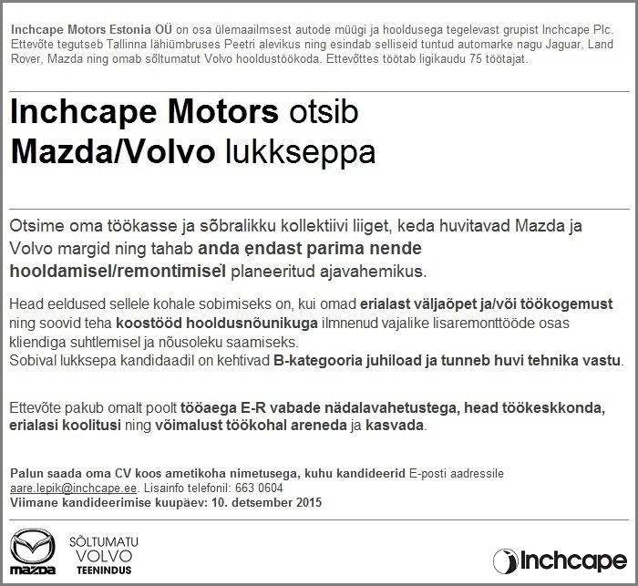 Inchcape Motors Estonia OÜ Autoremondilukksepp