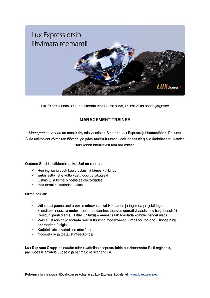 Lux Express Estonia AS Management trainee