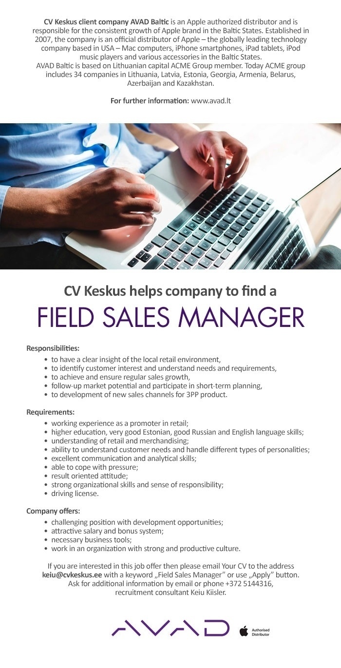 CV KESKUS OÜ AVAD Baltic is looking for a Field Sales Manager