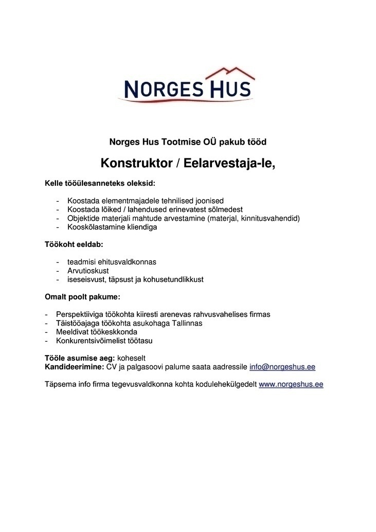 Norges Hus Tootmise OÜ Konstruktor/ eelarvestaja